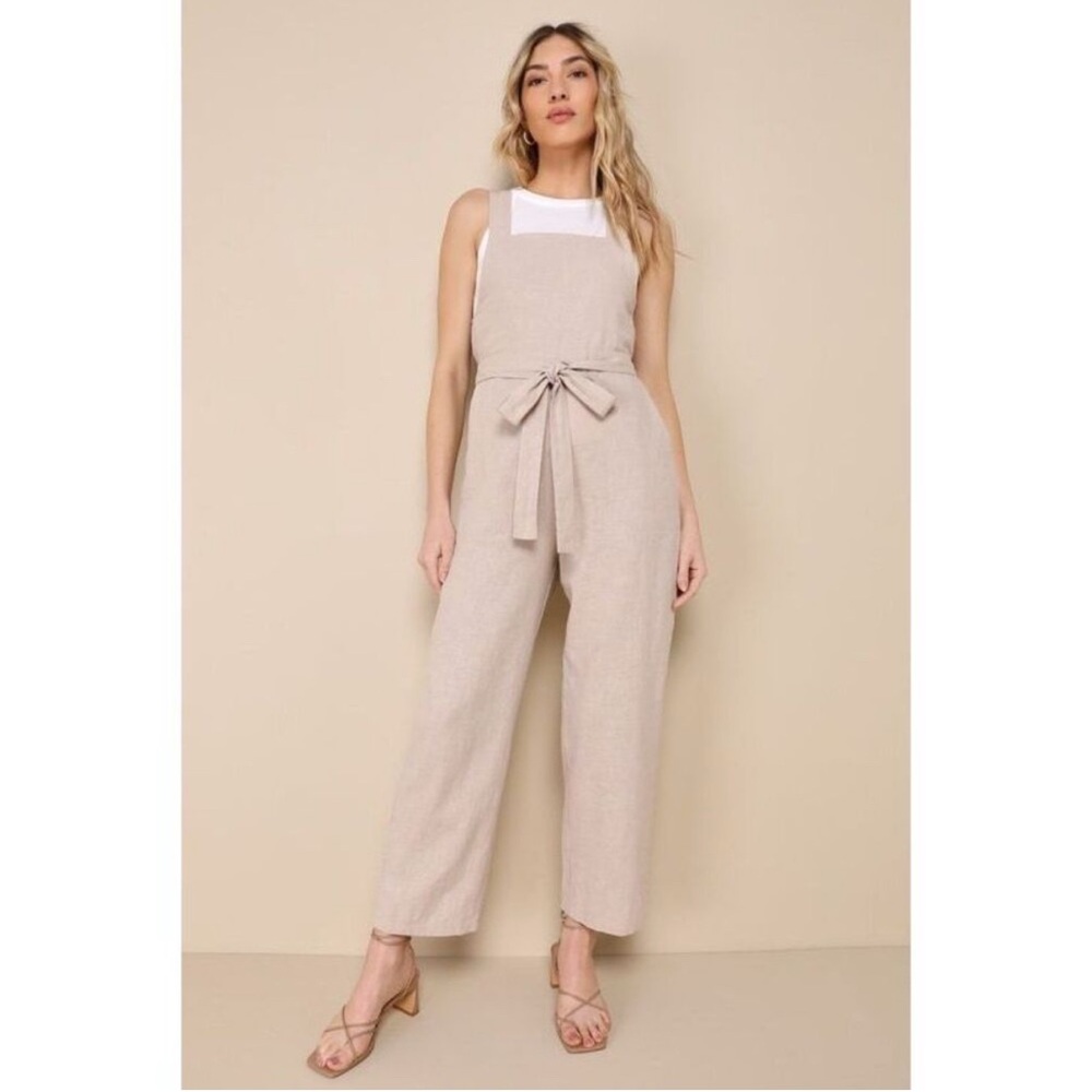 Lulus Beige Linen-Blend Wide Leg Jumpsuit with Tie Waist – Size L